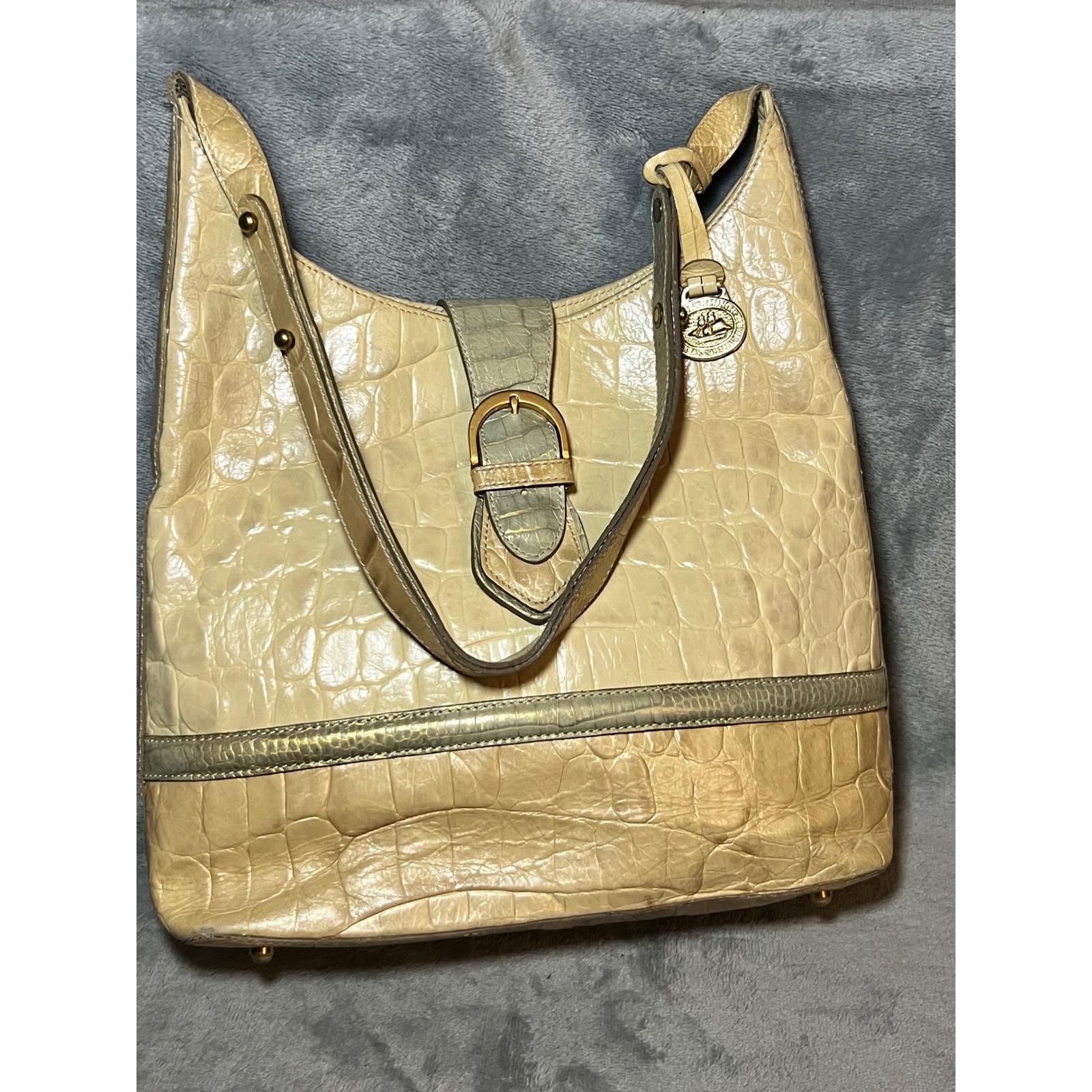 Brahmin Kendall Tri Color Croc Embossed Leather Shoulder Bag Cream Gray